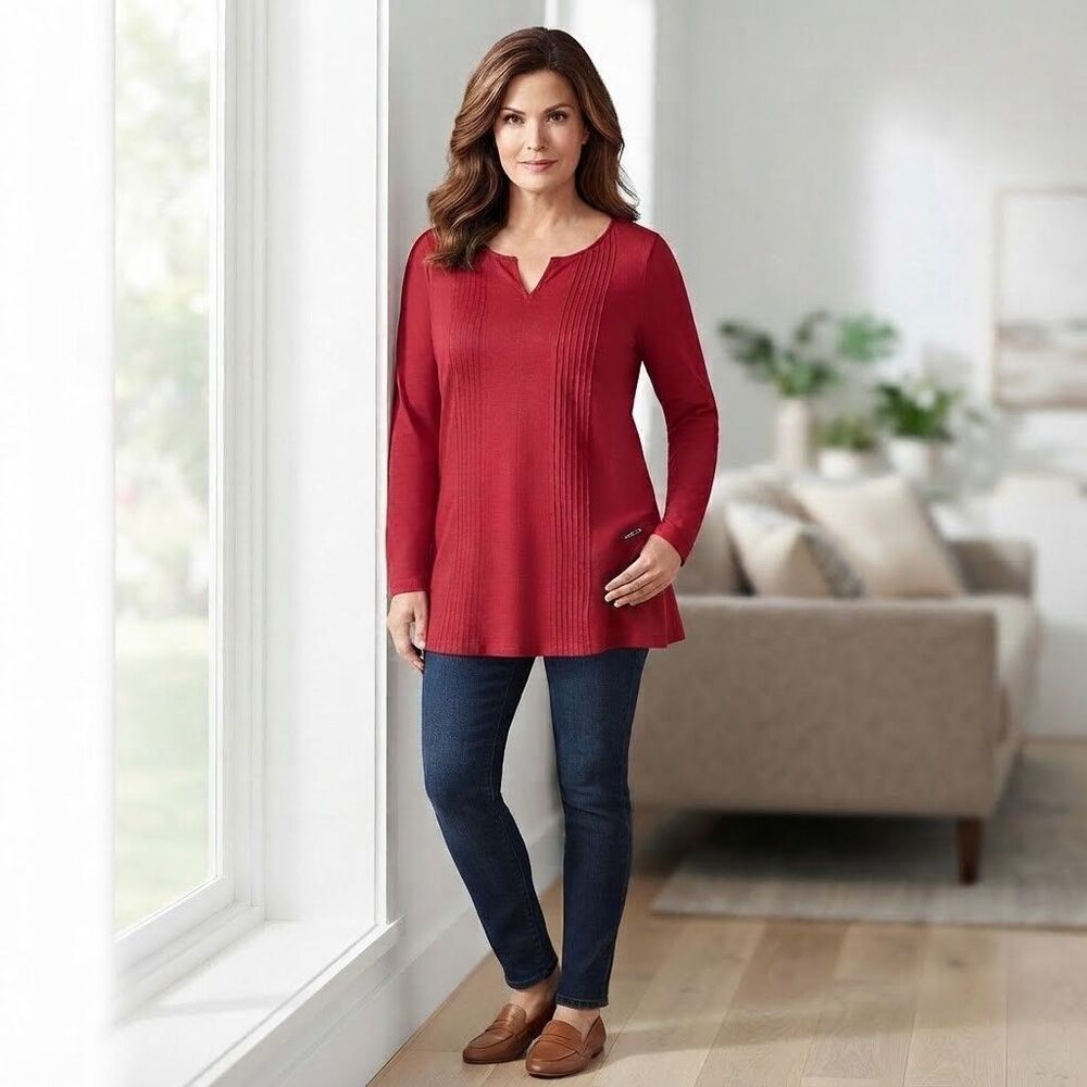 Lands End Knit Tunic Top M Burgundy Cotton Pin Tucks Long Sleeve Minimalist
